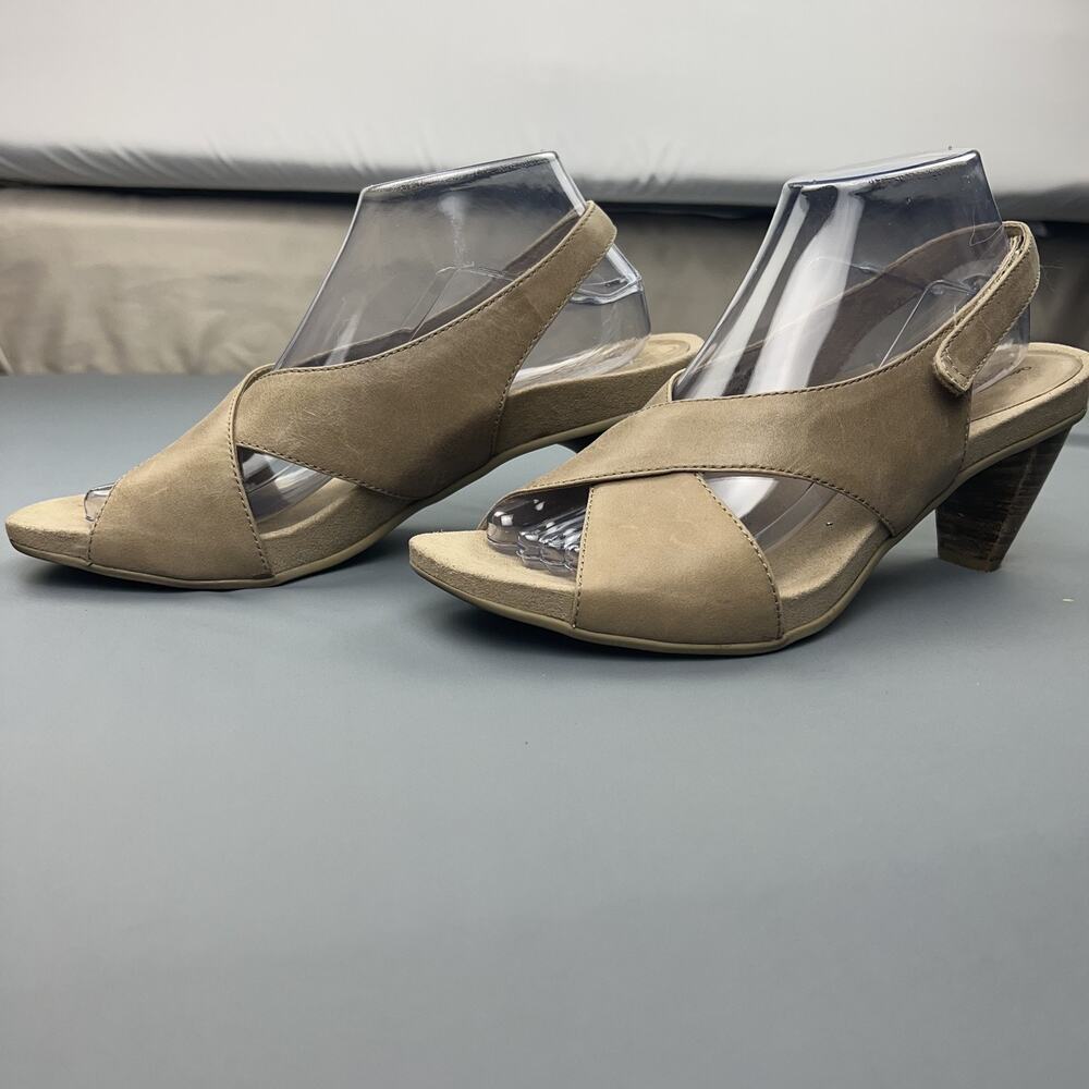 Aetrex Tan Leather Crisscross Sandals 10 EU 42 Comfort Block Heel Slingback